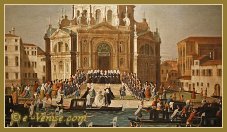 Détail du tableau de Gabriel Bella, représentant les noces d'une noble vénitienne à la basilique Santa Maria della Salute, dans le sestier du Dorsoduro à Venise.