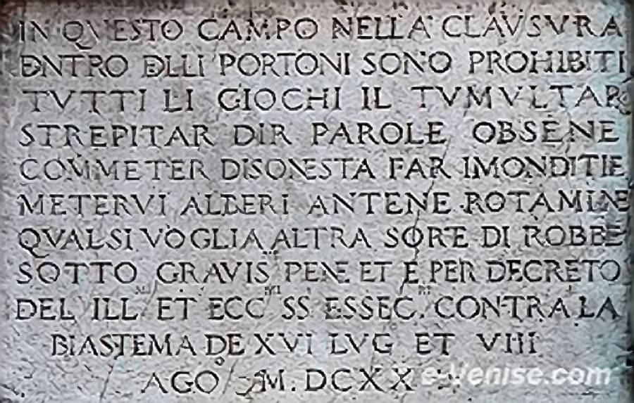 Campo San Zaccaria à Venise, décret de 1620 sur les bonnes moeurs