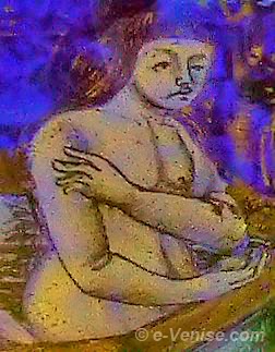Coupe Nuptiale Angelo Barovier verre émaillé bleu Bain des jeunes filles dans la fontaine de jouvence