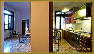 Le salon et la cuisine de l'appartement Sant'Elena Laguna à Venise