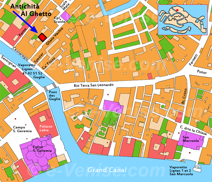 magasin d'antiquités à Venise, Antichità al Ghetto de Venise Plan carte Venise