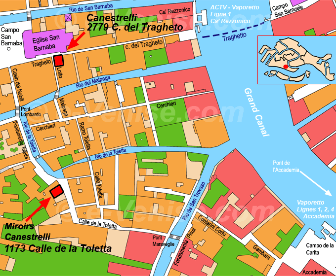 Plan carte de Venise avec la situation des magasins Canestrelli à Venise