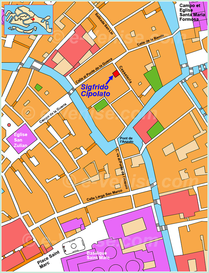 Plan carte de Venise avec la situation du magasin-atelier de l'orfèvre Sigfrido Cipolato à Venise