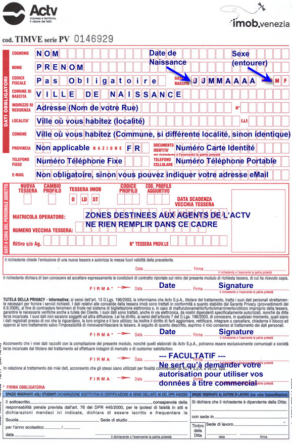 formulaire d'abonnement pour obtenir la Carte Imob.Venezia