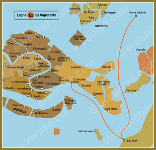 Plan de la Ligne 14 du Vaporetto à Venise