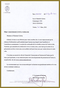 Lettre de remerciement par la Ville de Venise